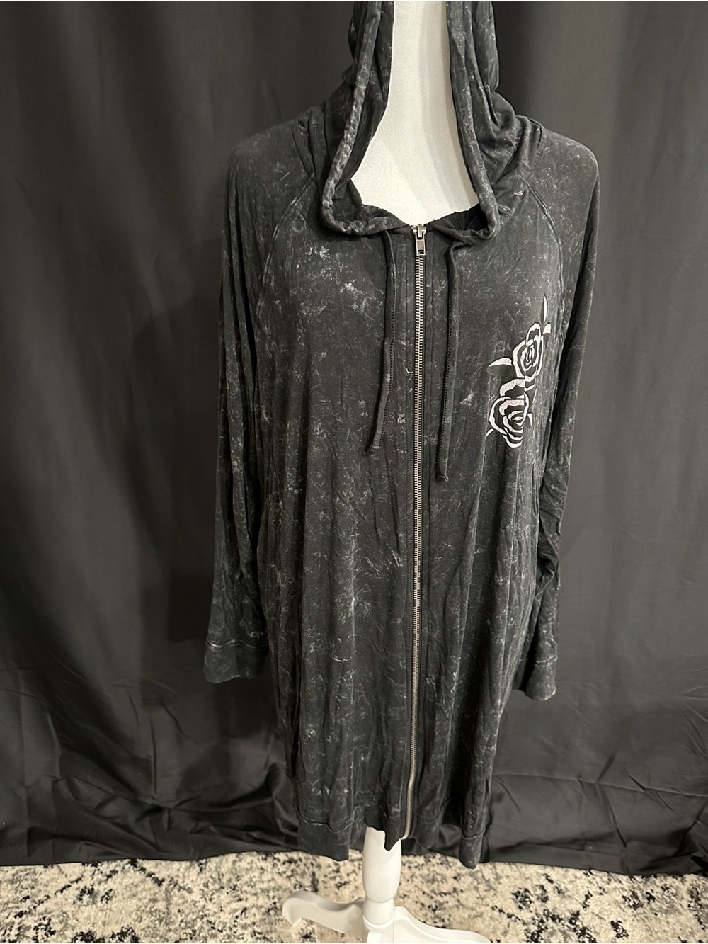 Lovesick by Torrid Washed Black Hooded Zip jacket with White Rose Graphic